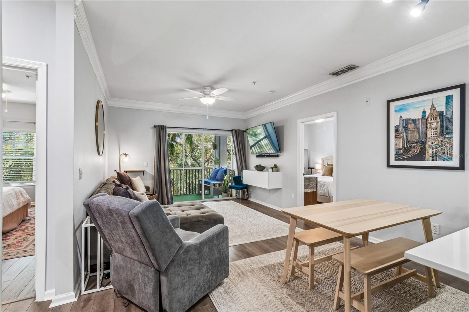 Great room with gorgeous crown molding