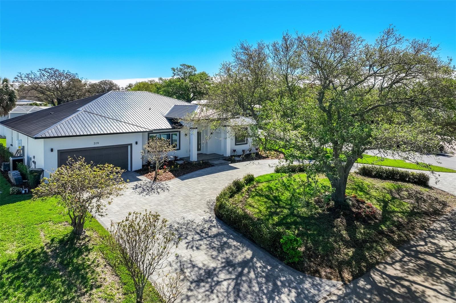 Circular, paved driveway