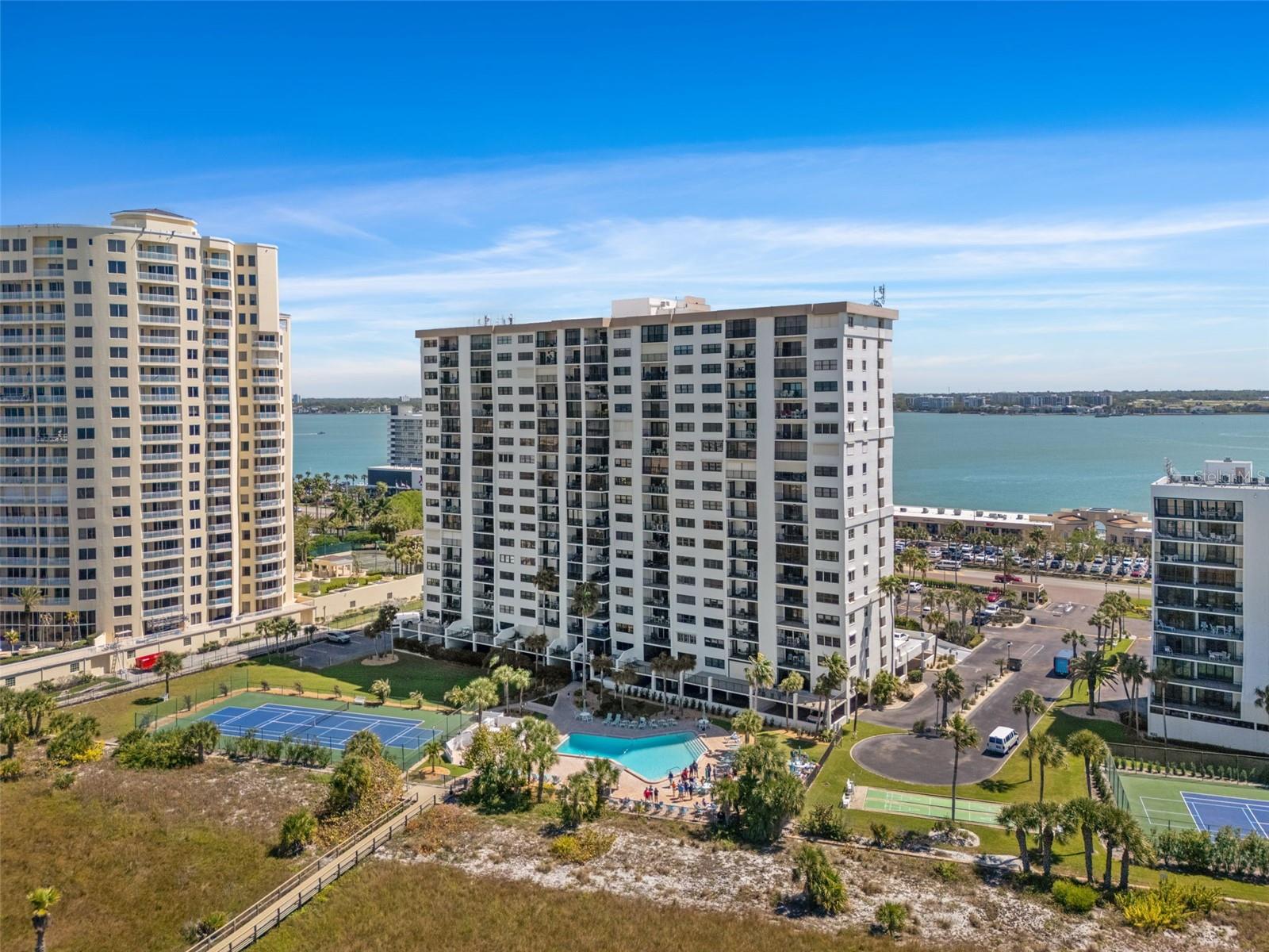 Rear of building faces west to the beach.  Landmark Tower One is situated on Sand Key between the Intercoastal waterway and the Gulf.