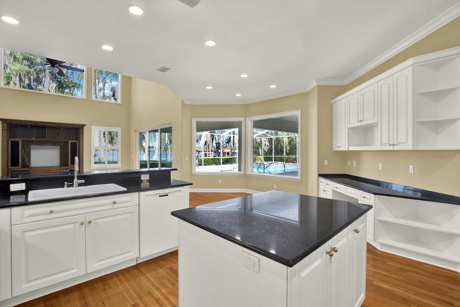 The kitchen, breakfast nook, and family room overlook the pool and lake.