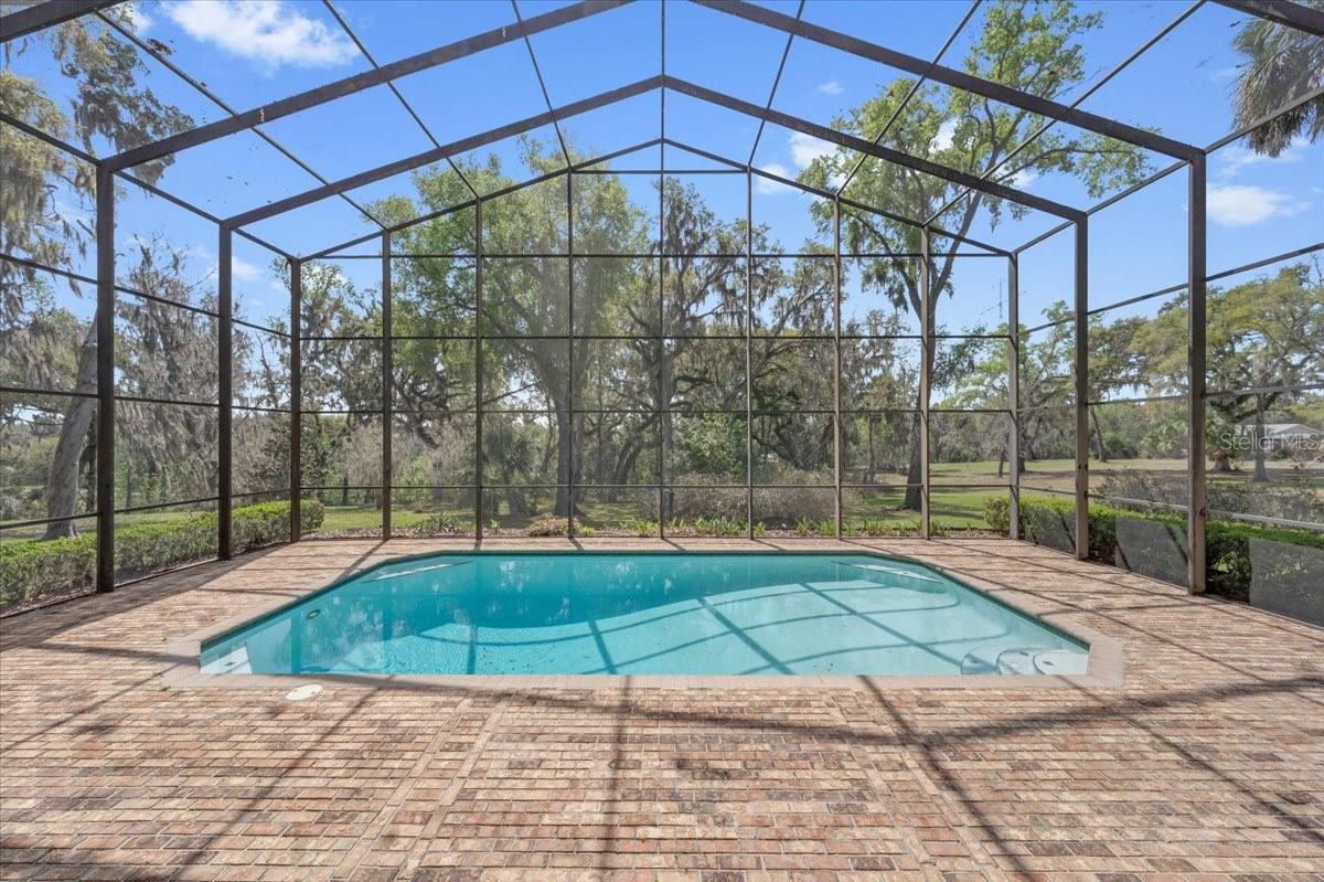 Resort-style screened pool with expansive paver deck, framed by peaceful wooded views.