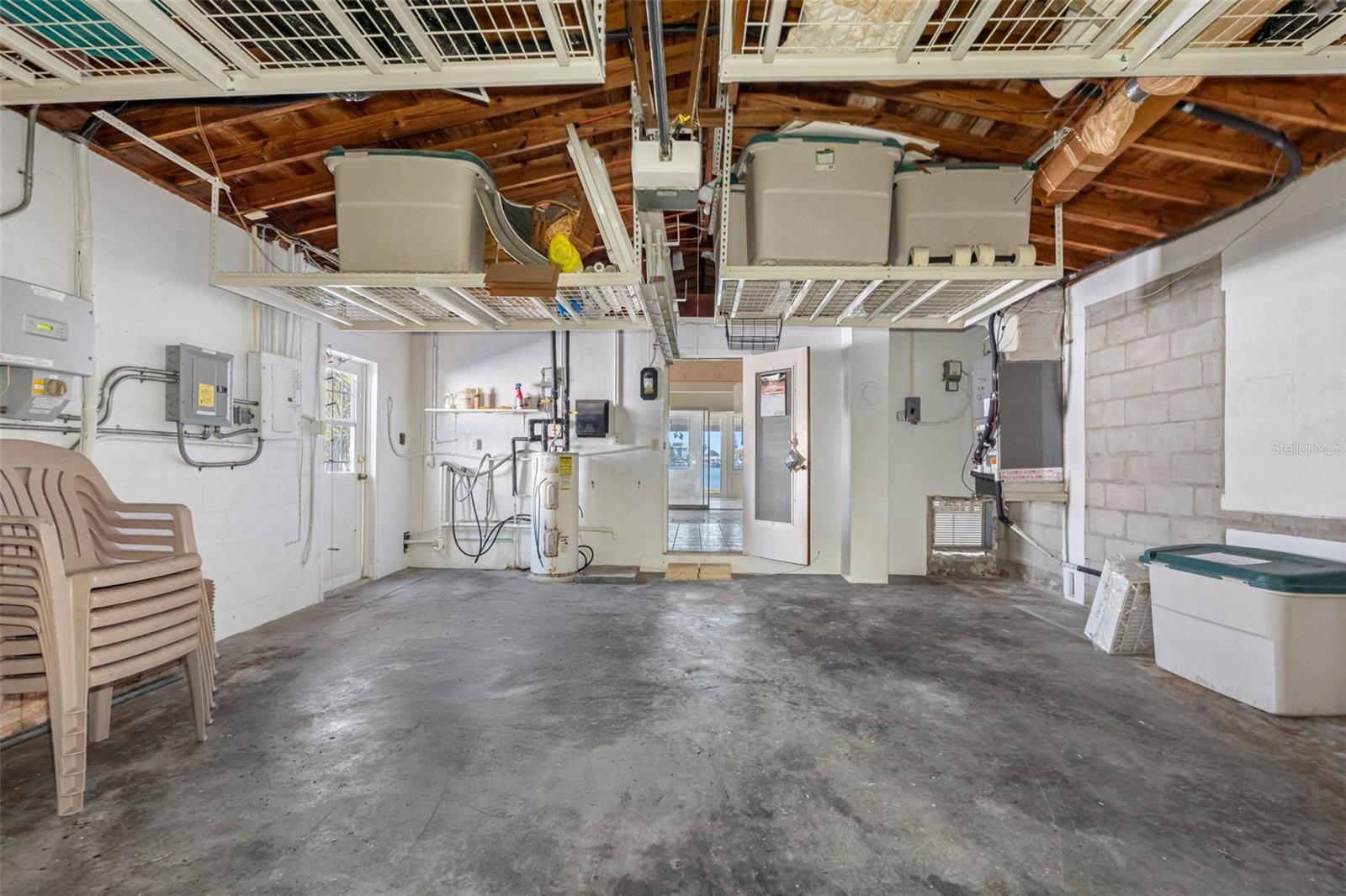 Garage connects to kitchen.