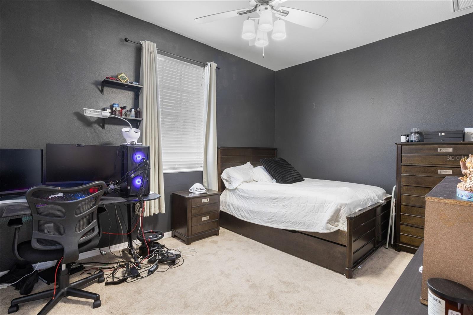 Versatile third bedroom with plush carpeting, a window for natural light, built-in closet, and space for a desk or additional furnishings.