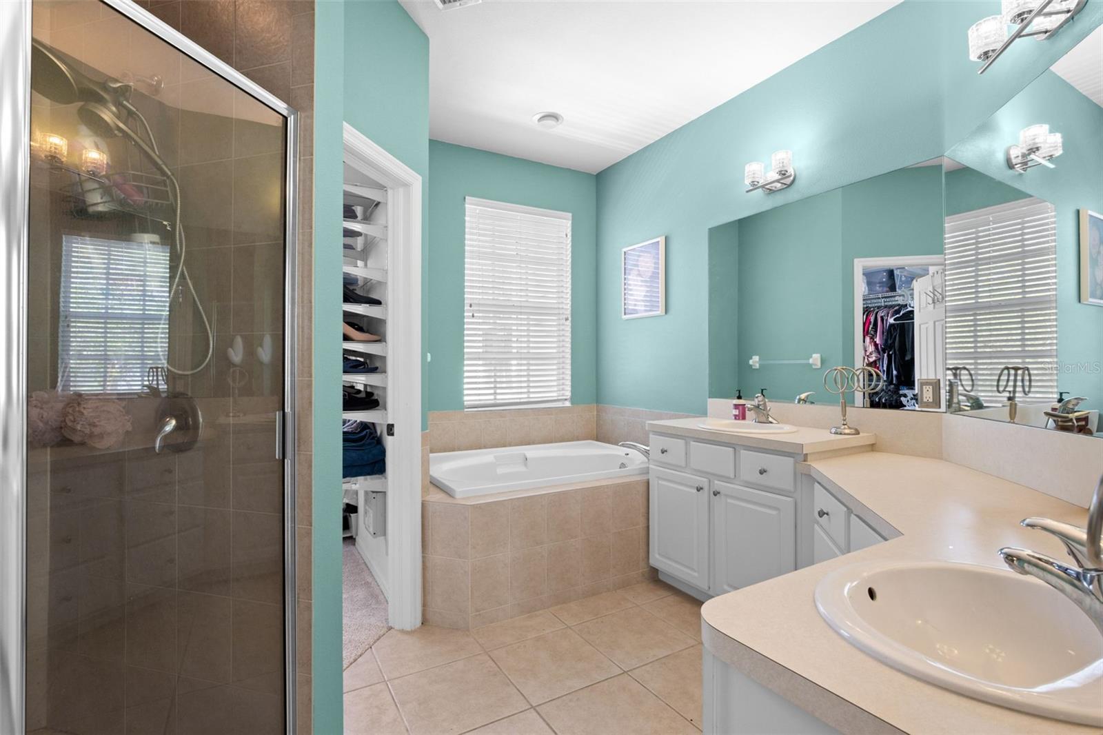 Well-appointed primary bath with a soaking tub set under a window, separate glass-enclosed shower, spacious dual-sink vanity, and convenient access to the walk-in closet.