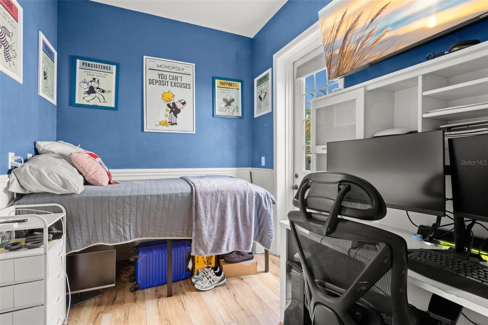 A flexible first-floor office with a built-in closet can easily serve as a fourth bedroom or guest room.