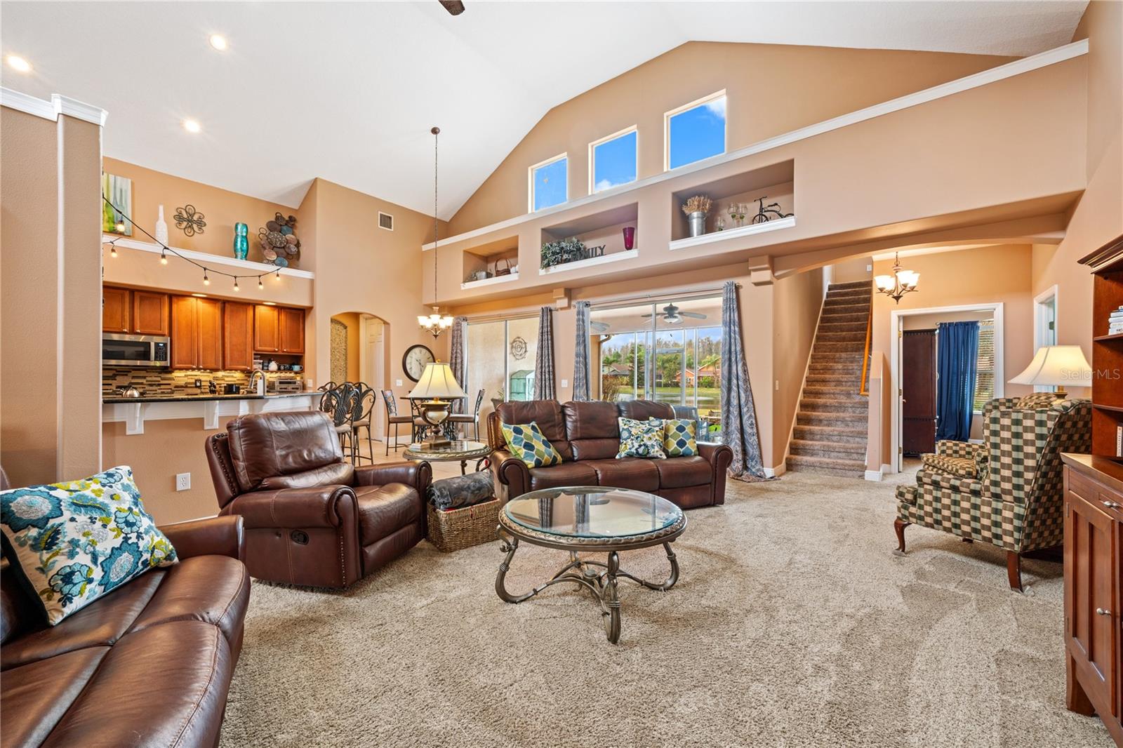 Great Room with volume ceilings