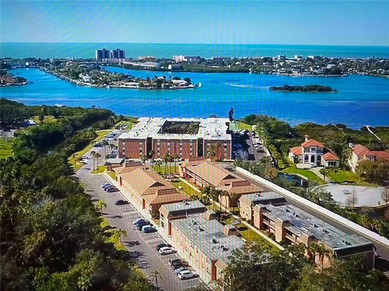 Aerial view showing water and the front of building 10 where the unit is located.