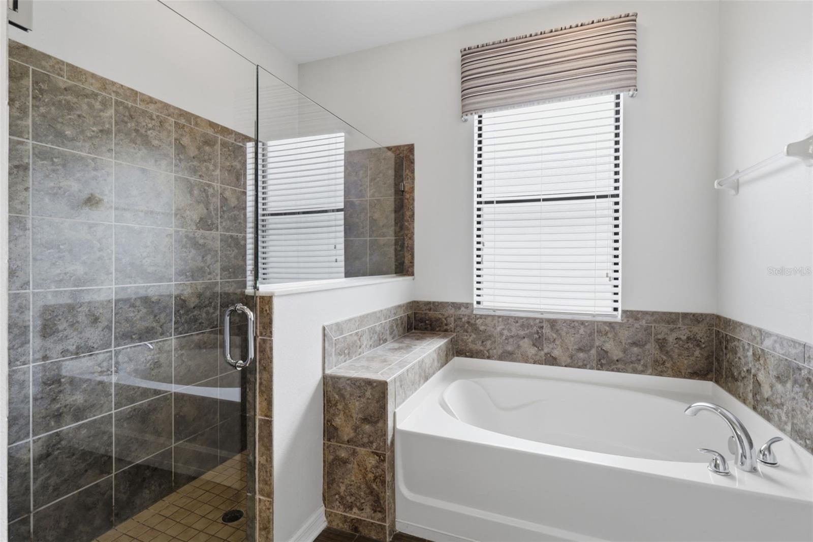 Spa-like primary bathroom featuring a soaking tub, separate walk-in shower with glass enclosure, and elegant tile finishes.