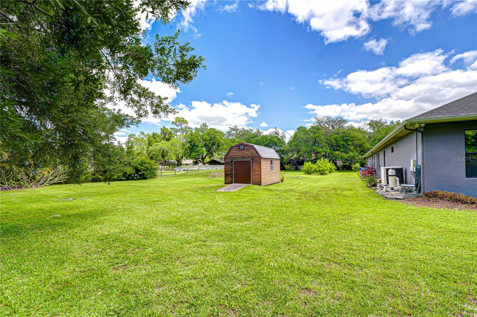 Side yard with storage shed
