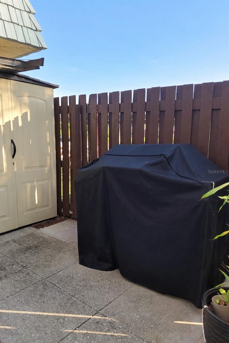 Area off patio for grilling with additonal storage