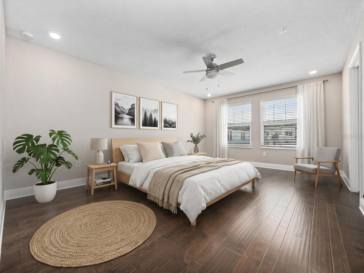 2nd bedroom with engineered hardwood floors and view of the park , fountain, and Tampa!