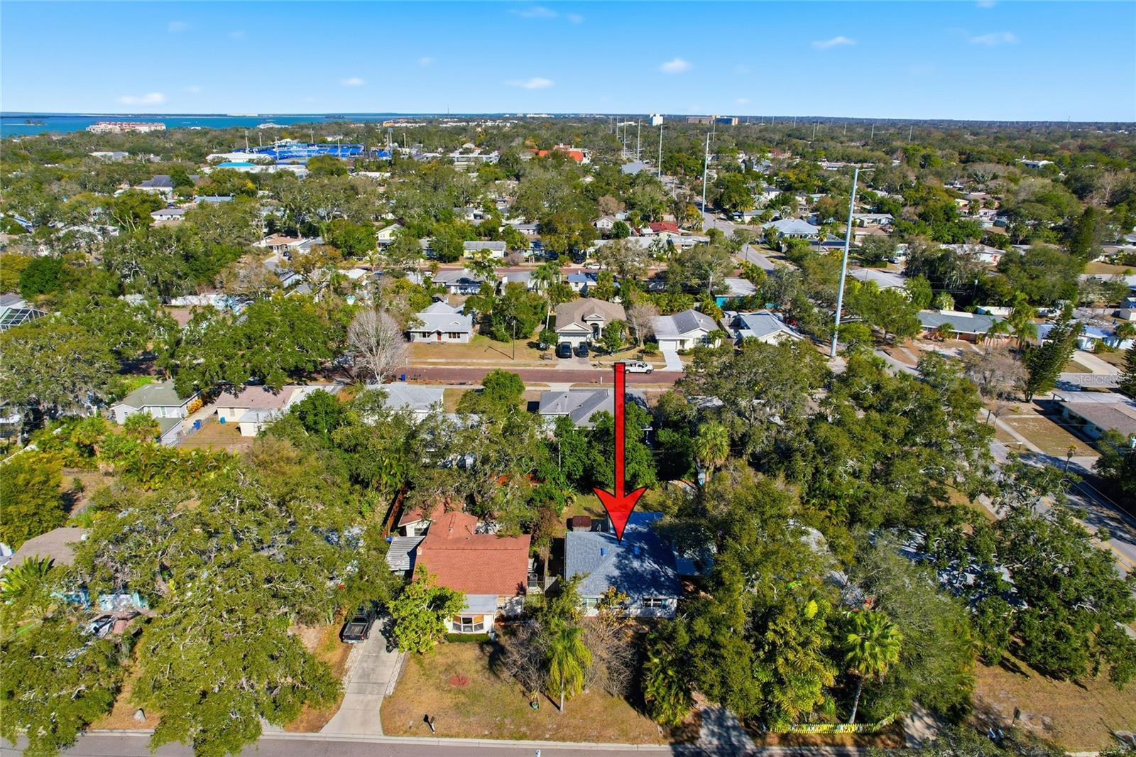 Downtown Dunedin, baseball stadium and causeway to Honeymoon Island State Park at the top of this photo.