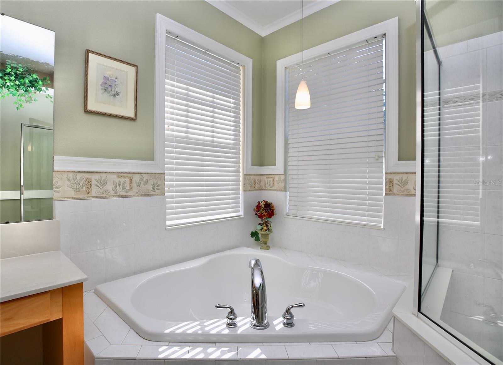 separate soaking tub in the primary bathroom