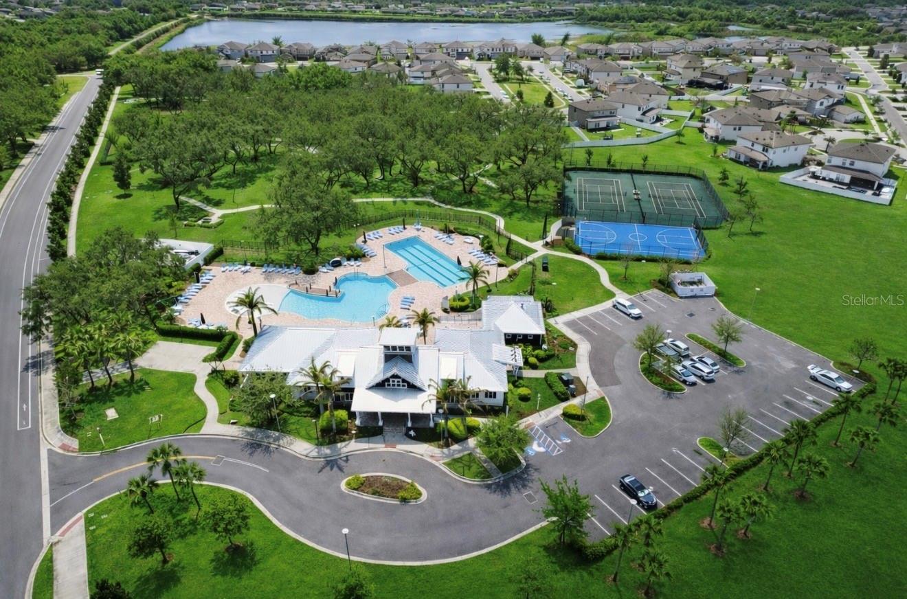 Aerial View Amenity Center with Tennis and Basketball Courts