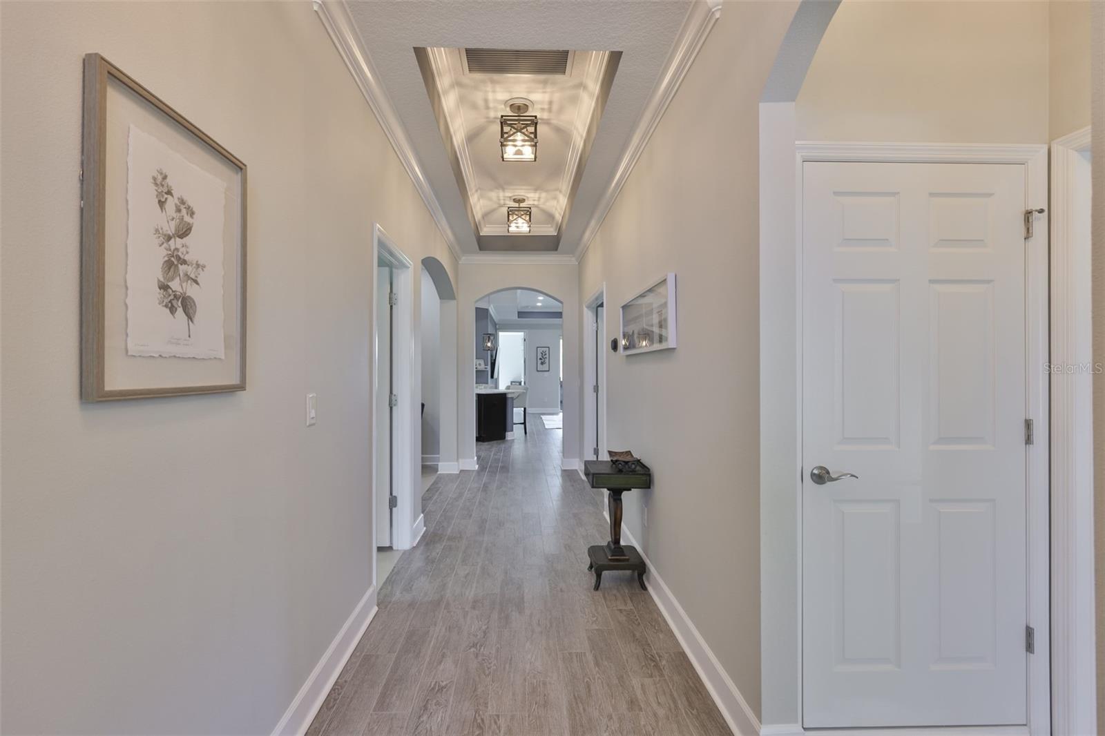 As you walk in, be prepared to be impressed.  Neutral color palate and modern features are everywhere in this home.  The entry hall is wide with the guest bedrooms and bath to the right and the laundry room and den to the left. Notice the trey ceilings and custom lighting.