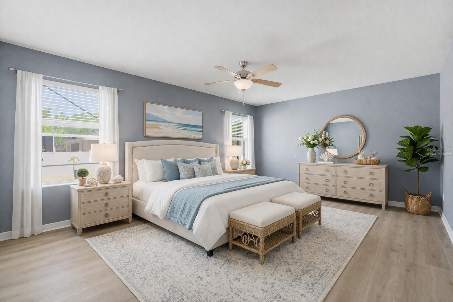 Virtually staged primary bedroom.