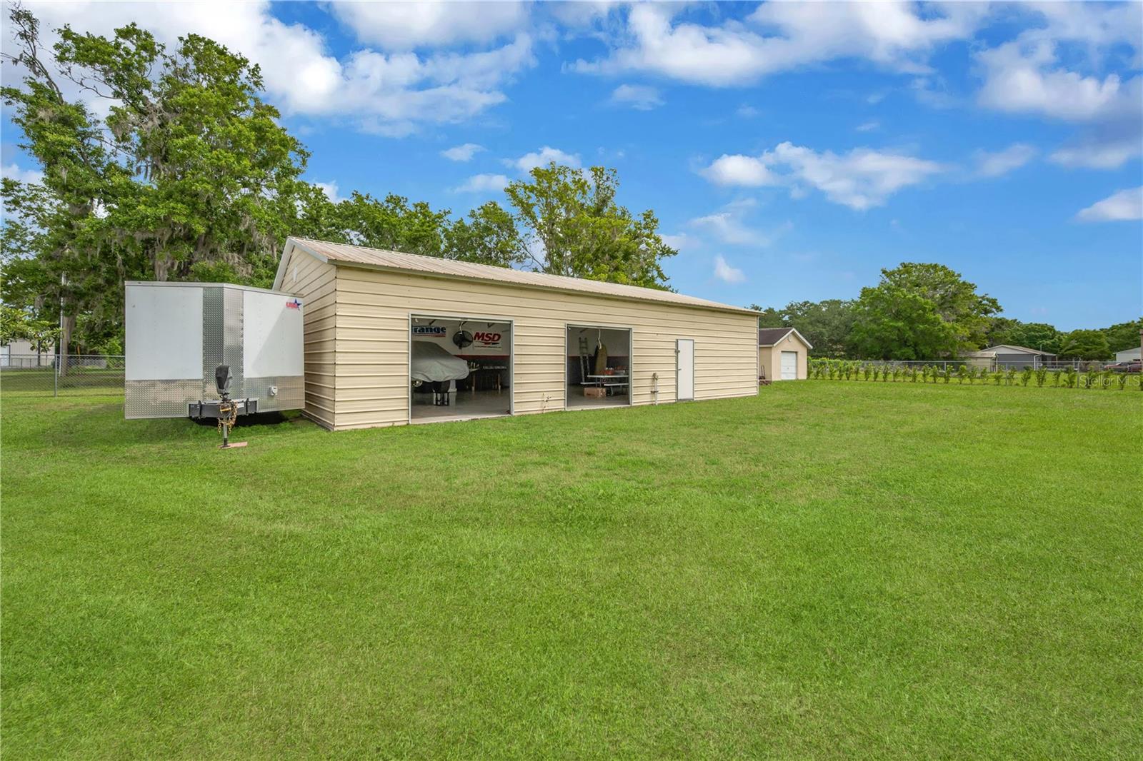 Detached garage with doors open