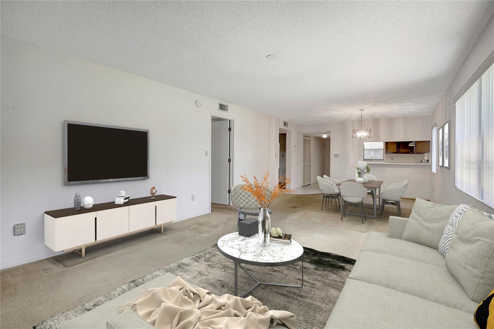 Virtually staged Living Room/Dining Room