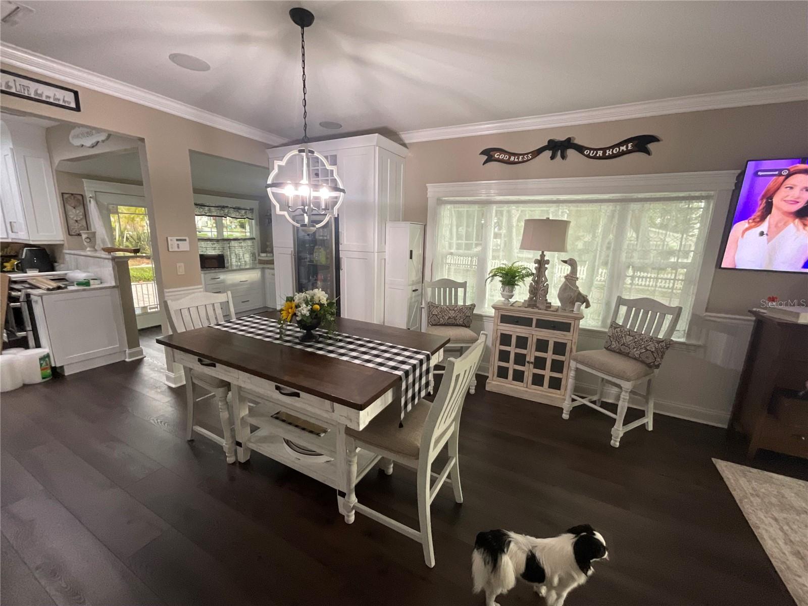 Dining room located in the open plan between kitchen and the living room area… Oh and that is Jack