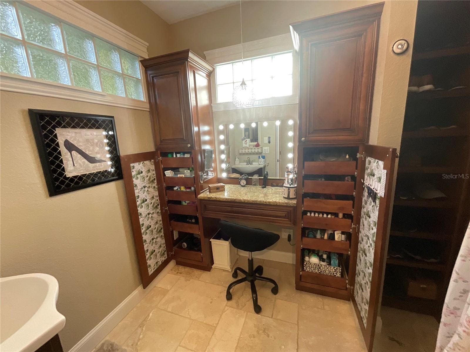 O.k. ocd overload… love custom cabinetry to keep organization even in the makeup vanity area.