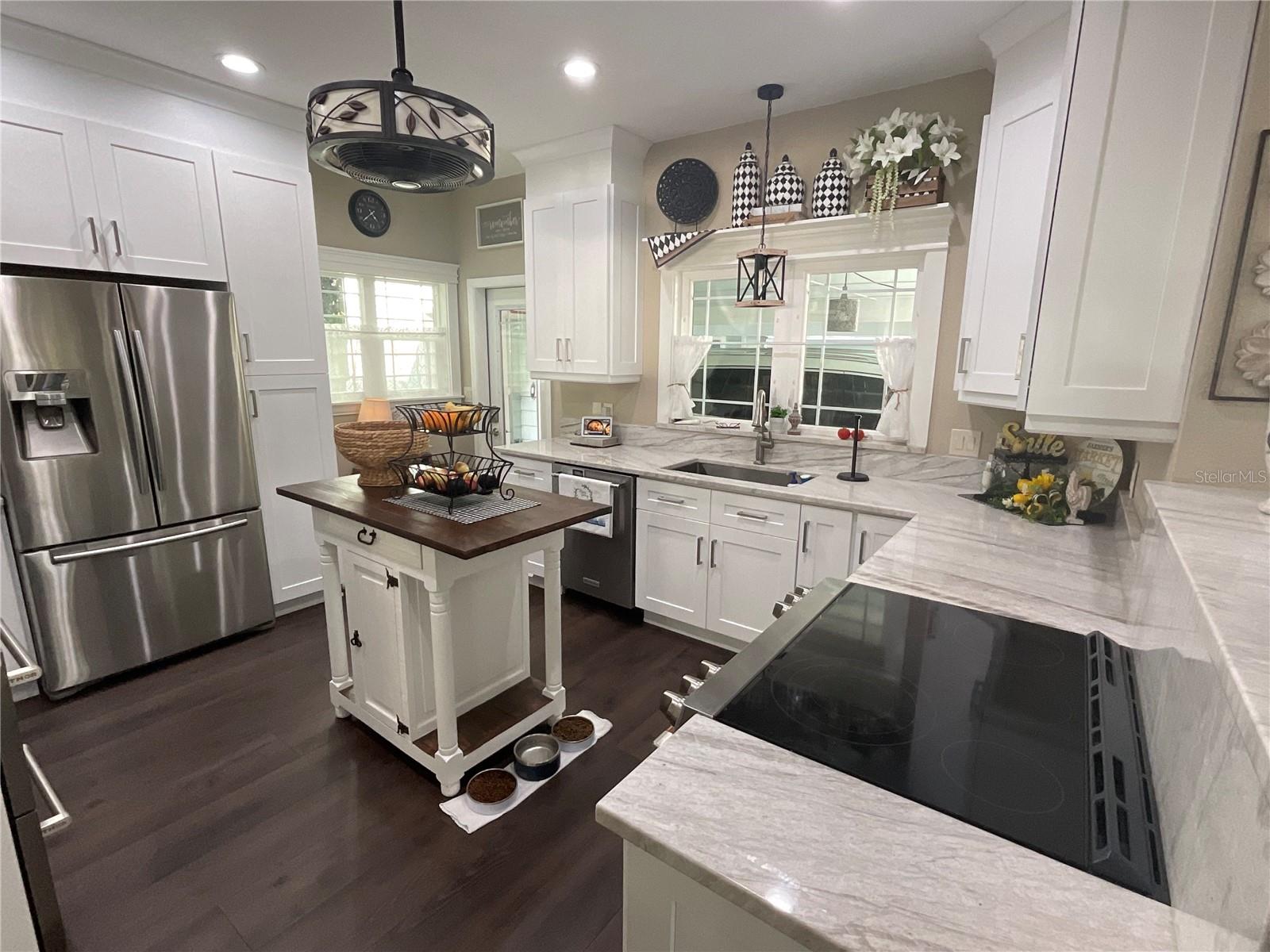 Kitchen, light and bright, white granite with gray veins, lots of counter top