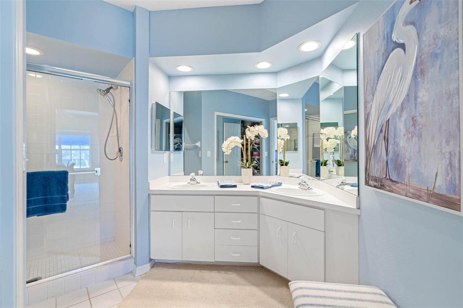 .. Master Bath - 9.6 x 12.10  - Double Vanity - Separate Shower - Privacy Room - White Coastal Cabinetry. Photo Looking In From Doorway..