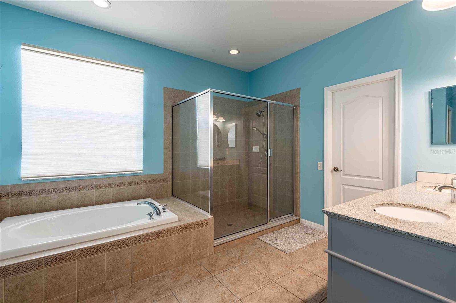 Large soaking tub and oversized shower.