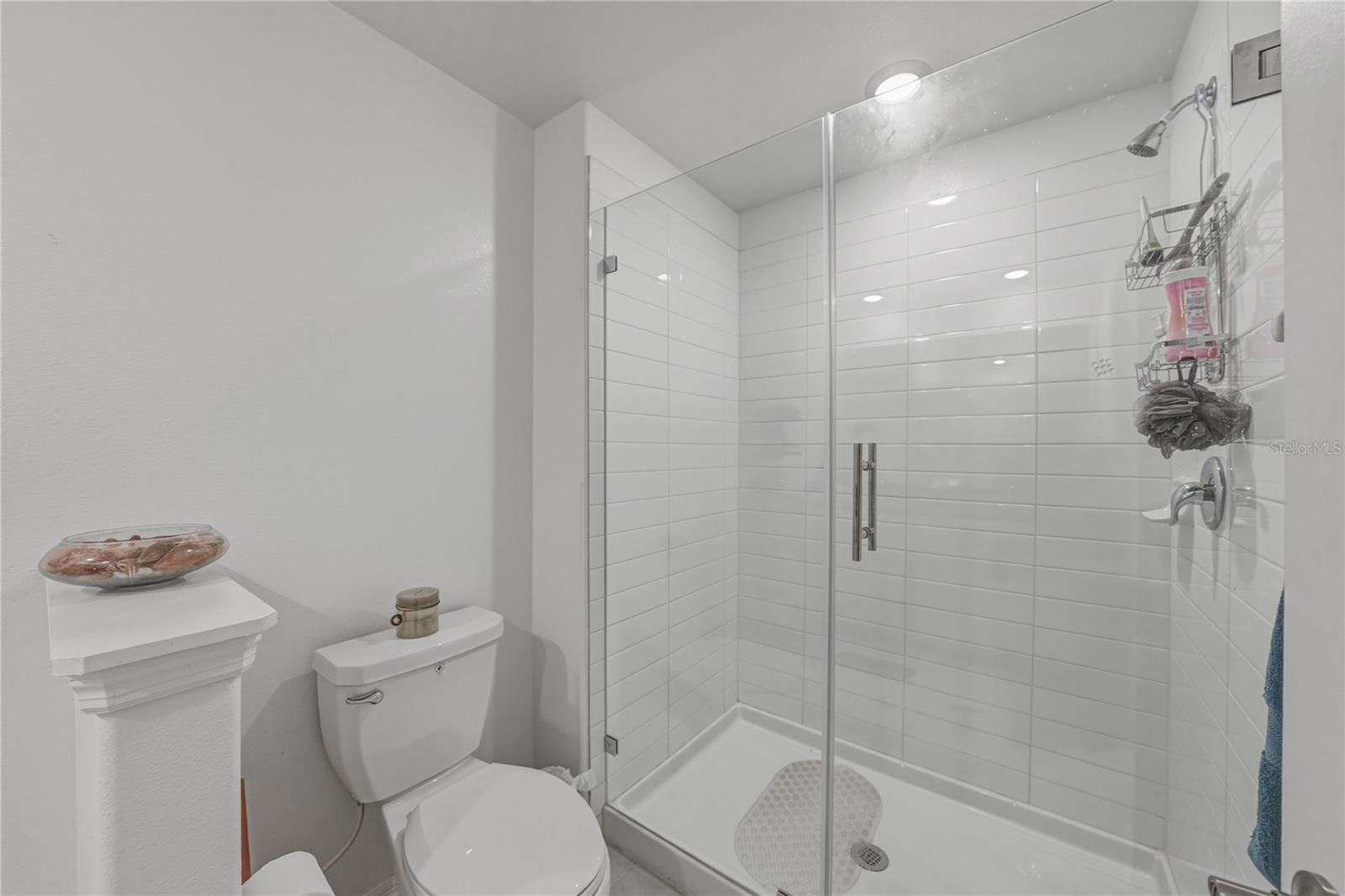Primary Suite Bath with Privacy Toilet Wall and Tile Shower and Upgraded Frameless Shower Glass