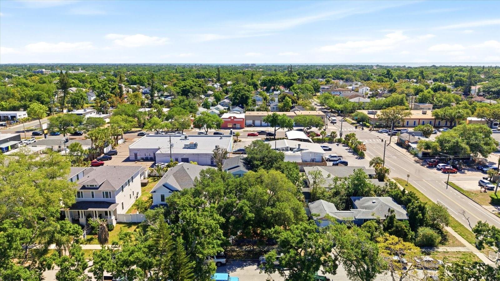 Wide aerial view highlighting surrounding residential area