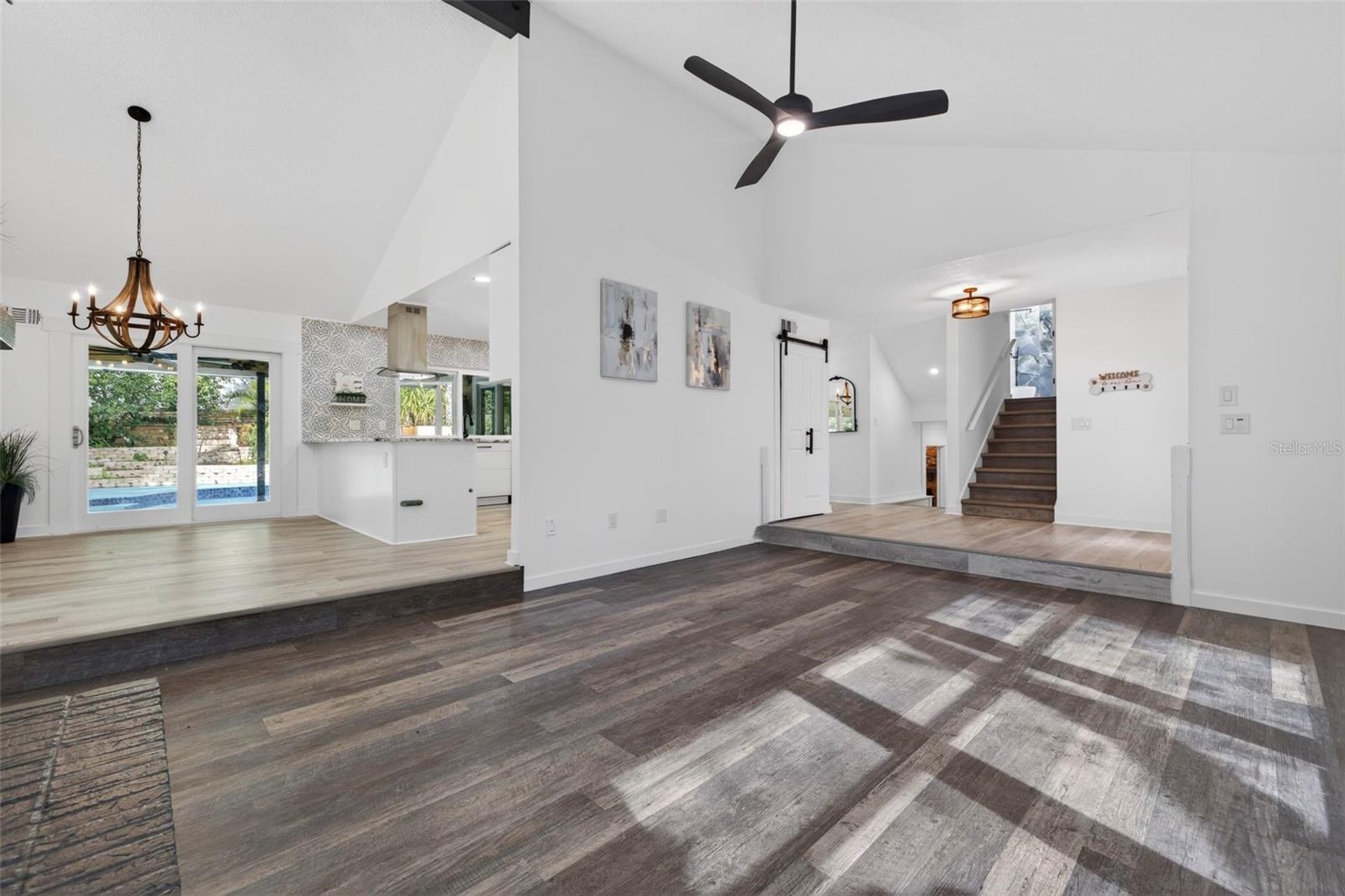 The kitchen flows into the dining area.