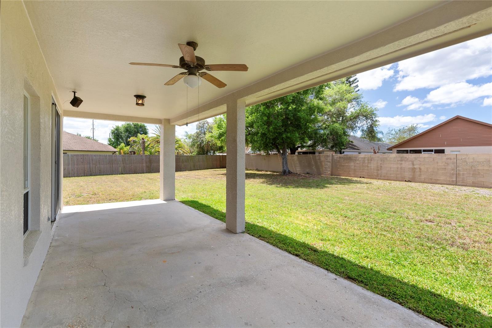 Double ceiling fans and outdoor sound system.