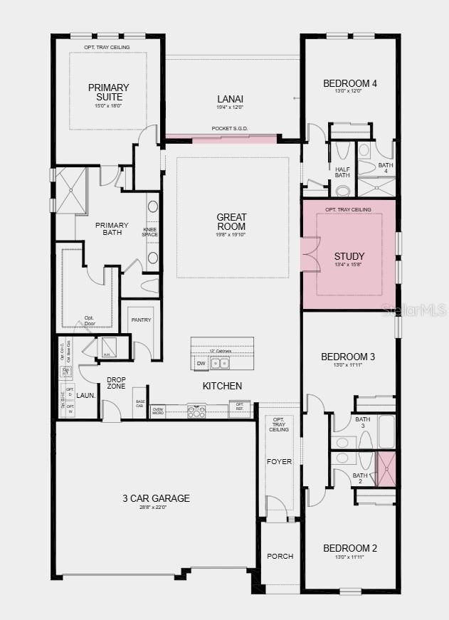 Floor Plan - Additional Highlights Include: study in place of a flex room, shower in place of a tub in bathroom 2, pocket sliding glass door in the great room, tray ceiling package, 8' interior doors, and pool and spa prewire