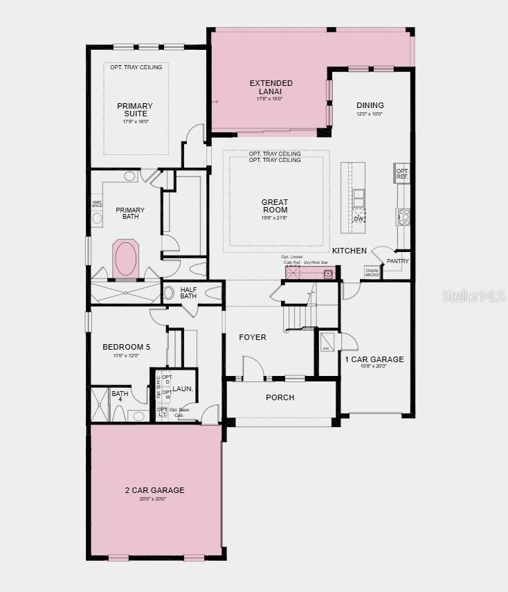 First Floor Plan - Additional Highlights Include: built-in bar in the great room, 2-car courtyard style garage, covered extended lanai, garden tub in the primary bathroom, pocket sliding glass door in the great room, tray ceiling package, shower in place of a tub in bathroom 3, interior door into the game room, and 8' interior doors