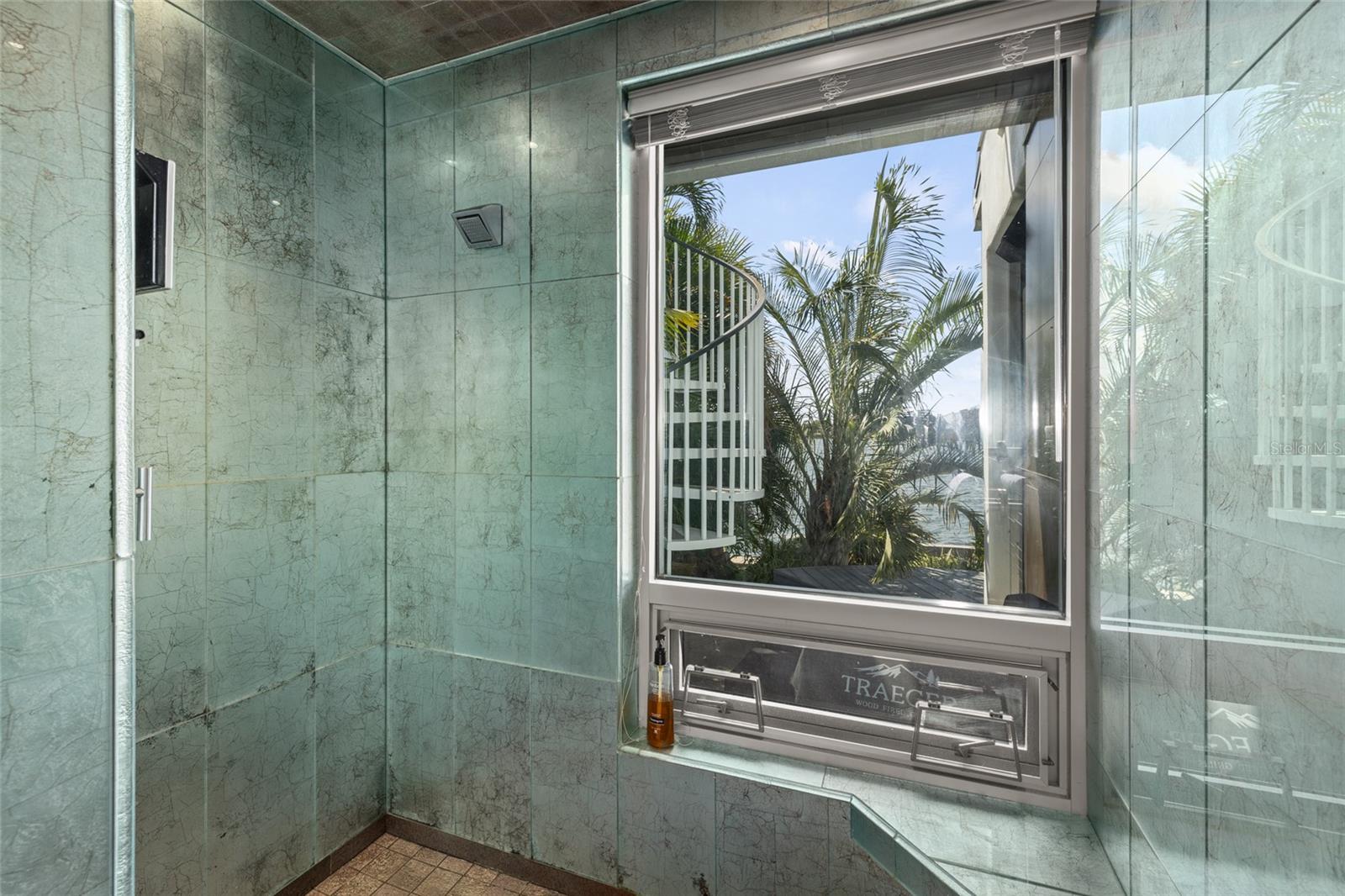 Glass-enclosed shower with natural light and serene tropical views