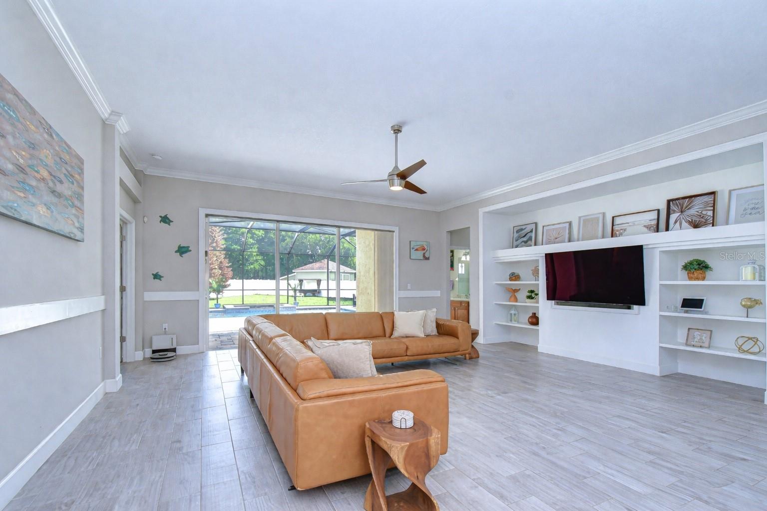 Built-in shelving and open flow.