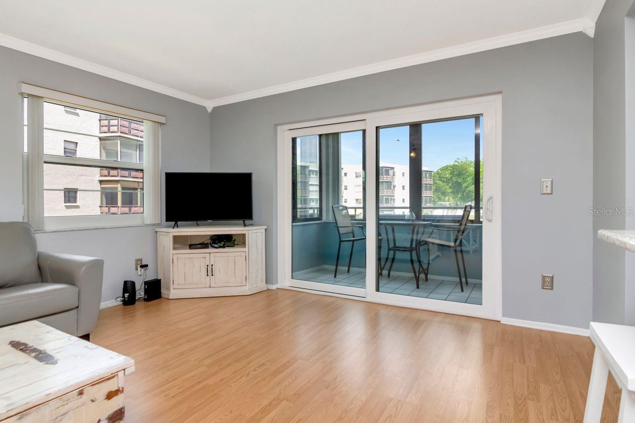 Patio overlooks eastern sky and pond