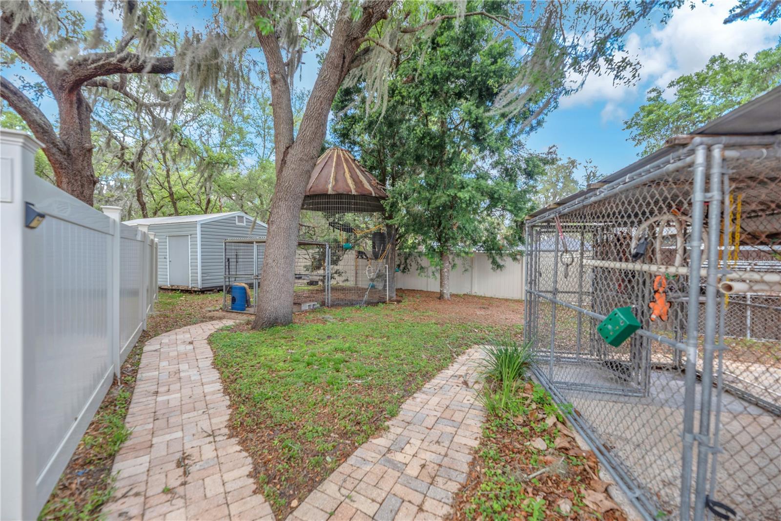 Monkey cages in back yard can be transformed into a dog kennel for future use.