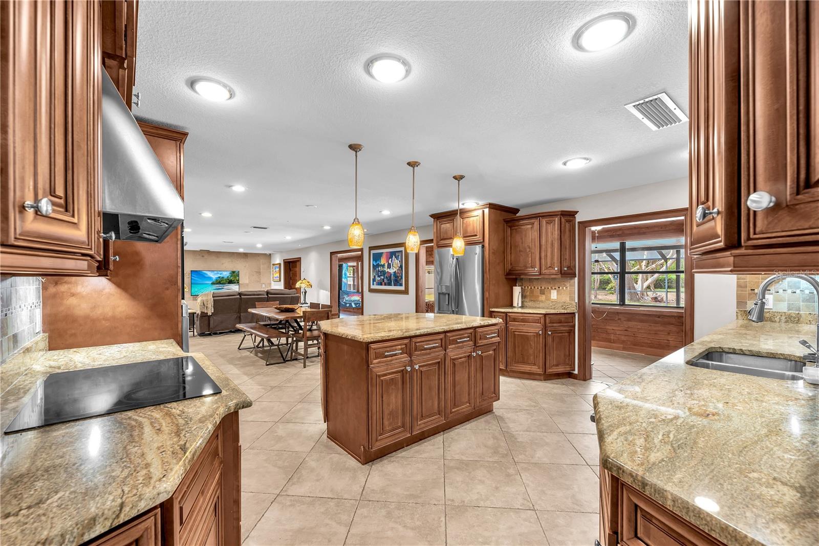 Newer appliances including an induction range, built-in convection oven, wine refrigerator, and a glass washer at the sink.