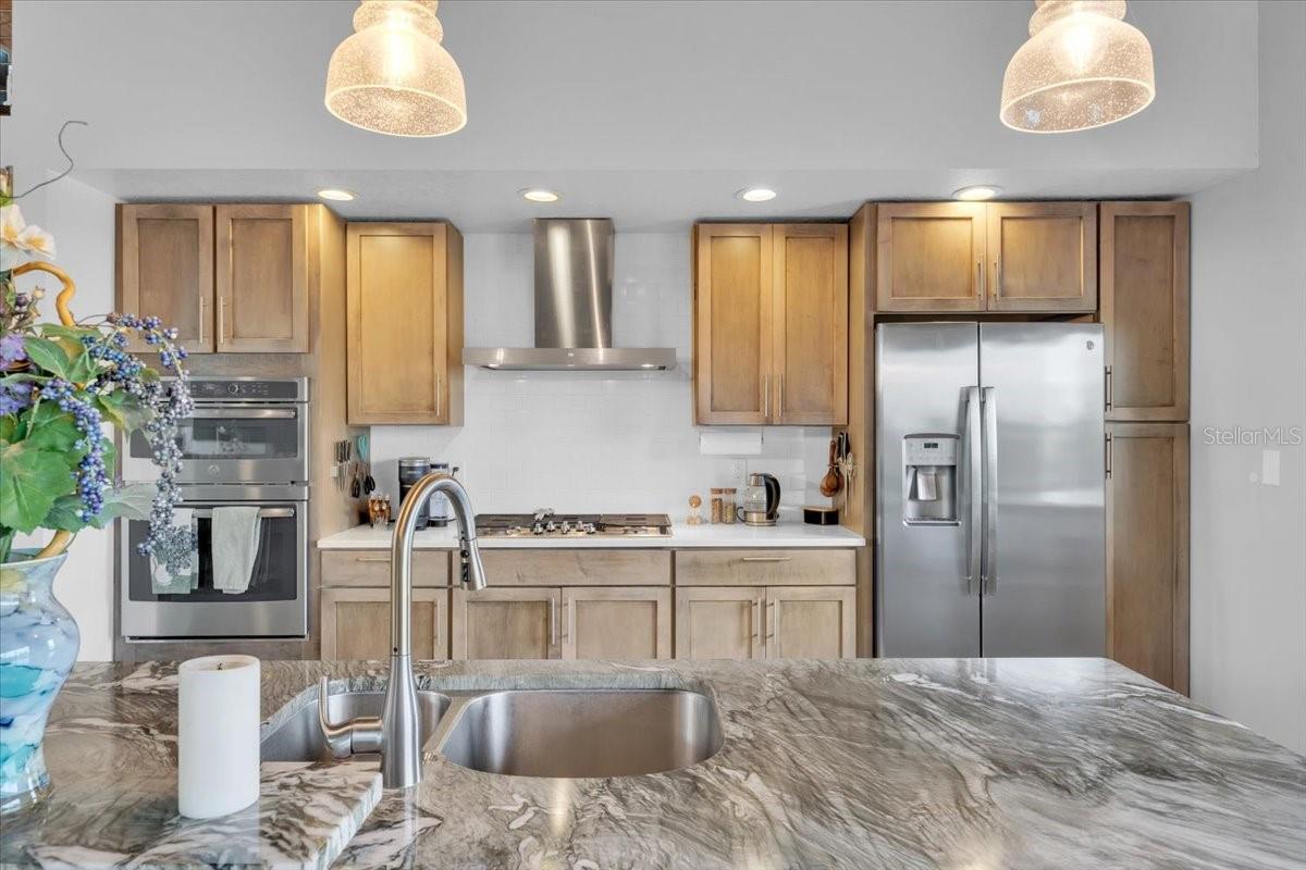 Seamless slab granite island centerpiece.