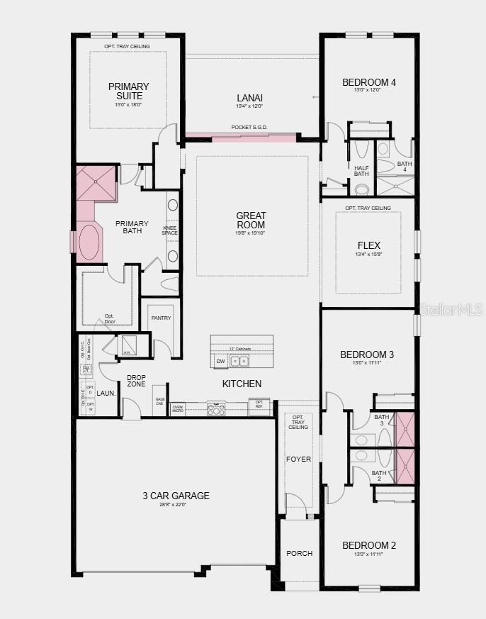 Floor Plan - Additional Highlights Include: a soaking tub with a separate shower in the primary bath, shower in bathroom 2 and bathroom 3, pocket sliding door in the great room, tray ceiling package, 8' interior doors, door from the primary closet to laundry room, and pool and spa prewire