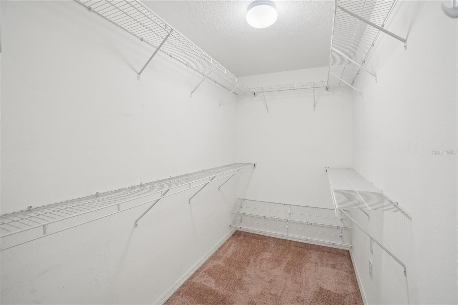 Spacious primary walk-in closet with multi-level wire shelving and hanging rods on three walls, carpeted flooring, and dedicated lighting.