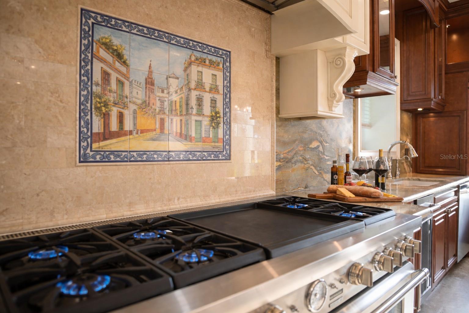 Thermador 60 " gas range, tile Italian country scene backspalsh.