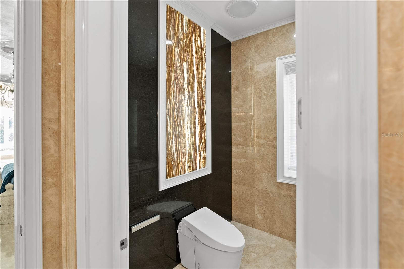 Marble backlit art in water closet with Smart toilet.  Luxury wellness features designed for everyday living