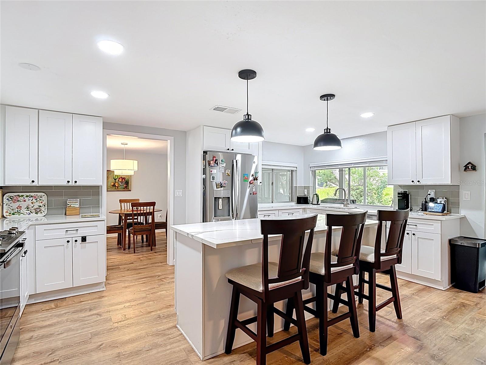 Wow, wow! Look at this dream kitchen!  Island, lots of cabinets, quartz stone countertops!