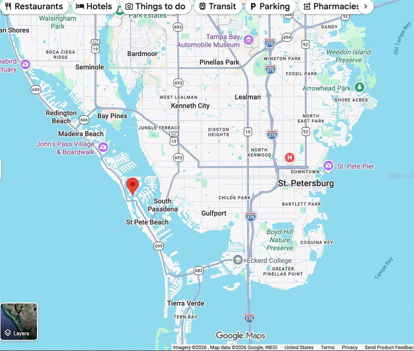Map of Paradise Island sorrounded by the Intracoastal and Gulf of Mexico with the restaurants of downtown Saint Petersburg only 6-8 miles away via Central Avenue.