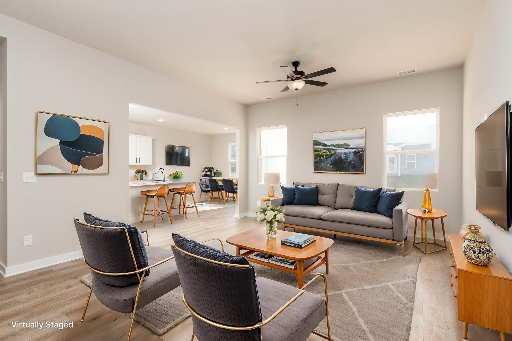 Virtually Staged Living Room Open to Kitchen and Dining Room. Pictures are of a similar floorplan that was built previously. Representation ONLY. Buyer/Buyer's Agent to verify selections.