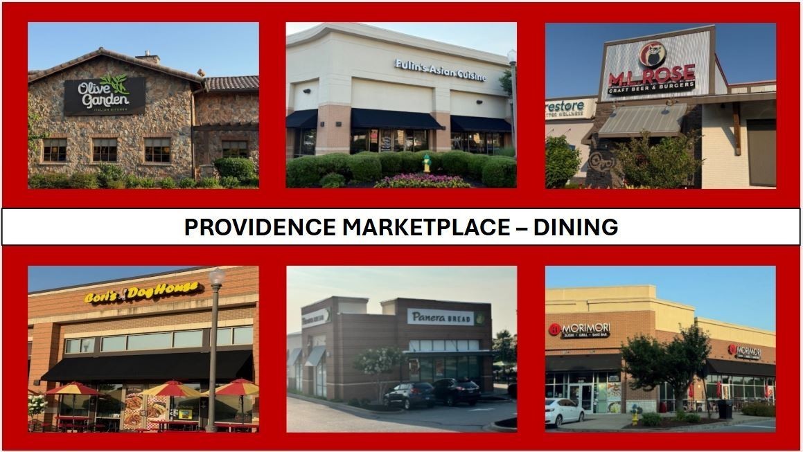 Providence Marketplace features a wide selection of dining options, from casual eateries to popular restaurants, offering something for every taste.
