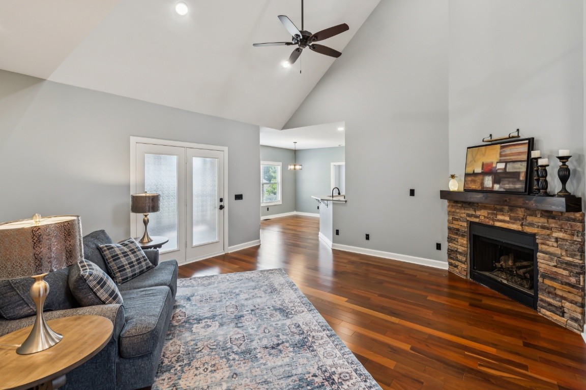 Great Room with volume ceiling & Gas Fireplace w/Mount for T. V.