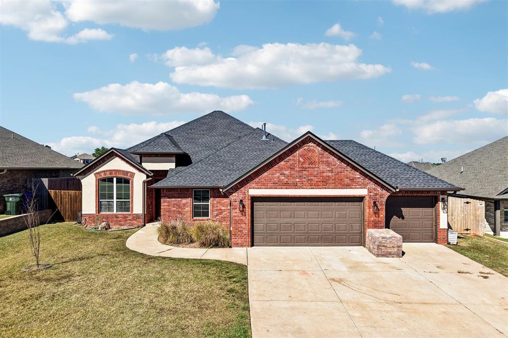 Striking curb appeal, soaring ceilings, and an impressive amount of space make this Norman home stand out from the moment you arrive. Deep red Oklahoma brick pairs beautifully with the black roof installed in 2022, setting the stage for an interior with equally impressive features. The spacious foyer opens to a dedicated study and leads into an expansive living room with a fireplace and abundant natural light. A thoughtfully arranged split bedroom layout places the secondary bedrooms along their own hallway, with convenient access to a bathroom, laundry room, and garage. Two additional storage closets and a guest bathroom near the main living spaces add everyday convenience. The kitchen features granite countertops, beautifully detailed cabinetry, a gas cooktop, updated appliances, and a walk-in pantry, while the dedicated dining area opens onto a huge covered patio for easy indoor and outdoor entertaining. Privately positioned off the living room, the primary suite offers a beautifully updated bathroom with double sinks, a soaking tub, a separate shower, an enclosed toilet room, and a generous walk-in closet. Backyard improvements include expanded patio concrete, a wraparound sidewalk, a substantial 24’ x 24’ storage shed, and an in-ground storm cellar. Conveniently located just off Highway 9, this home brings together standout curb appeal, spacious interiors, and outdoor features that make the property even more versatile.