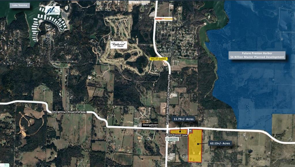 Exclusively retained by Ownership to offer the opportunity to purchase one or both Sites located at 149 Davis Forrest and 158 Davis Forrest Lane in the Pottsboro ETJ. The Sites are located just 300 feet from State Highway 289 (Preston Bend Road) that provides excellent accessibility from Lake Texoma all the way to the City of Dallas.The Sites are located just south of the future Preston Harbor development, a $6 billion development which will include single family homes, apartments, a resort hotel, restaurants, and a marina on Lake Texoma. With pricing at only $27,500 per acre (62.13+- acre tract) and $33,500 per acre (11.79+- acre tract), this is an exceptional opportunity to acquire well-located land in a growing North Texas market.